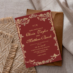 Invitation Royal Red Gold Ornate Flowers Le Mariage de