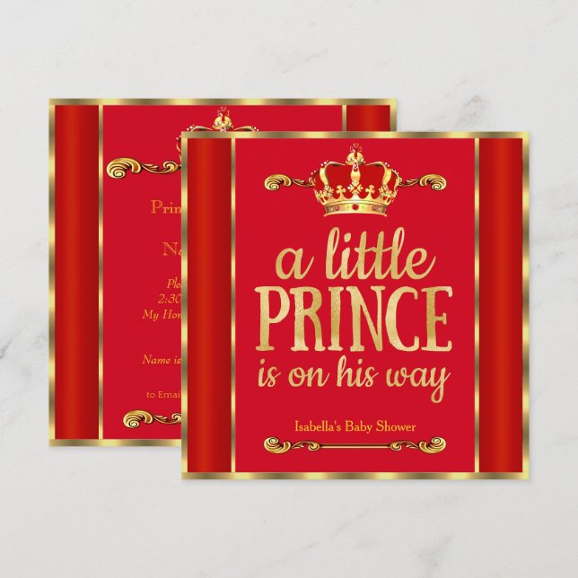 Invitation Royal Red Gold Prince est en chemin Baby shower (Devant / Derrière)