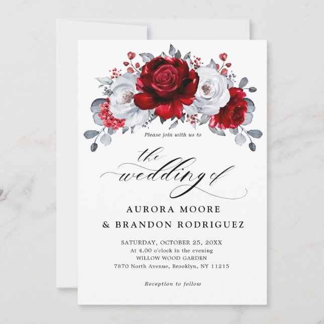 Invitation Royal Rouge Blanc argent métal Mariage floral (Devant)
