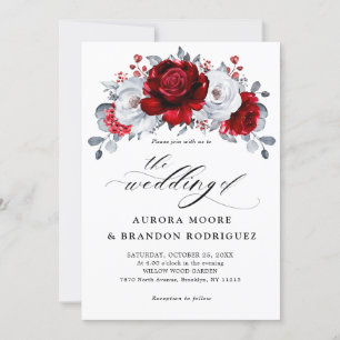 Invitation Royal Rouge Blanc argent métal Mariage floral