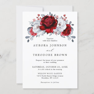 Invitation Royal Rouge Blanc argent métal Mariage floral