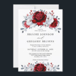 Invitation Royal Rouge Blanc argent métal Mariage floral<br><div class="desc">Elégant faire-part de mariage à thème rouge rouge rouge blanc argenté avec élégant bouquet de rouge rubis royal, crammson, argent, blanc pur bourgeons de fleurs roses et sauge vert eucalyptus feuilles. Veuillez me contacter pour toute aide sur la personnalisation ou si vous avez besoin d'un autre produit avec ce design....</div>