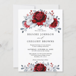 Invitation Royal Rouge Blanc argent métal Mariage floral