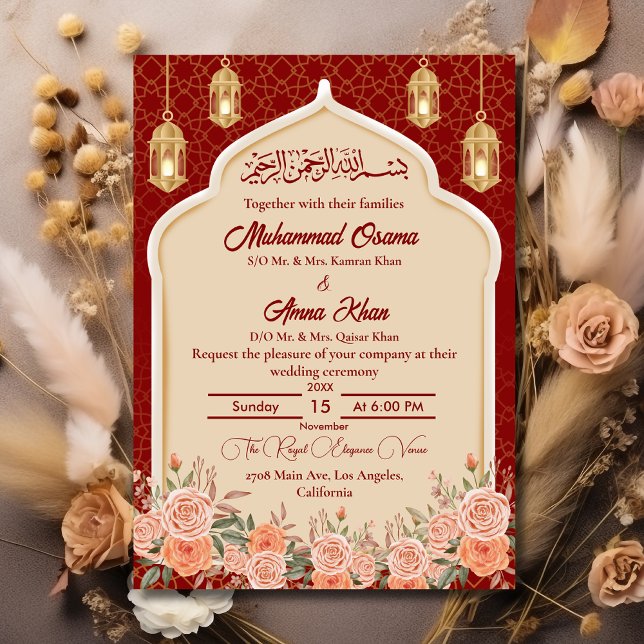 Invitation Royal Rouge et or Floral Mariage musulman islamiqu (Créateur téléchargé)
