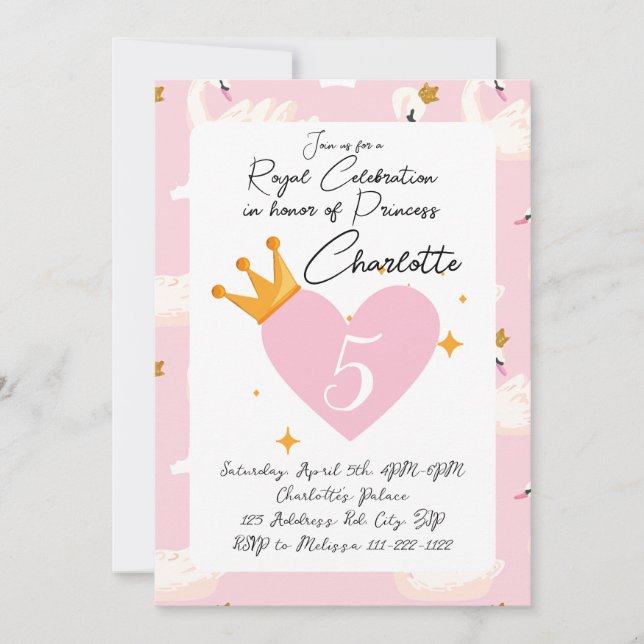 Invitation Royal Swan Princess Pink Girl Anniversaire Party I (Devant)