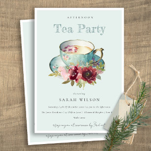 Invitation Royal Teal Gold Floral Teacup Afternoon Tea Party