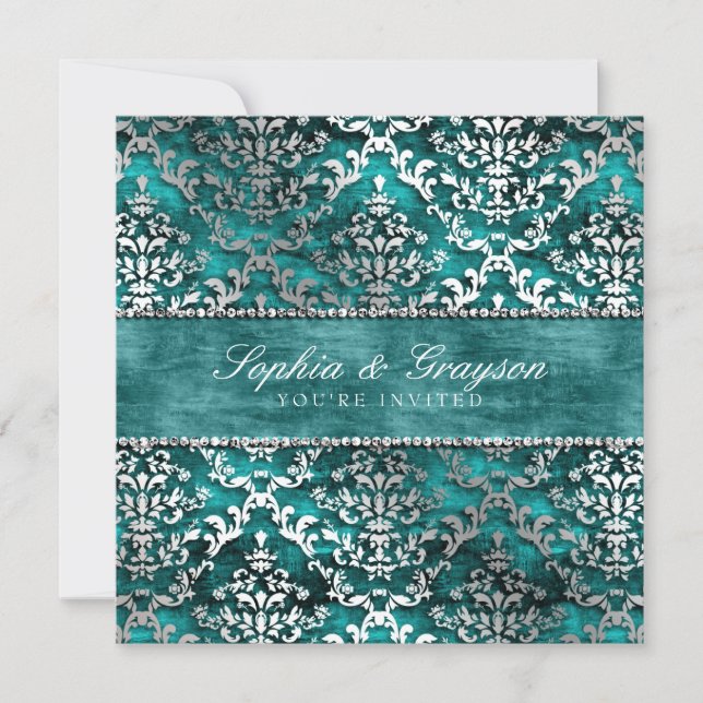 Invitation royal Turquoise Glimmer Mariage damassé (Devant)