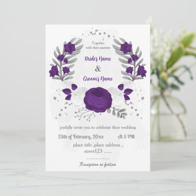 Invitation royal violet blanc fleurs argent couronne mariage (Debout devant)
