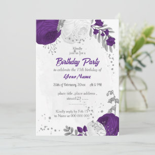 Invitation royal violet blanc fleurs argent fête d'anniversai