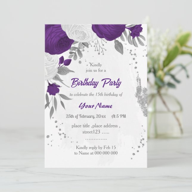 Invitation royal violet blanc fleurs argent fête d'anniversai (Debout devant)