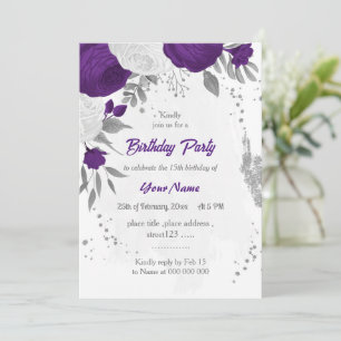 Invitation royal violet blanc fleurs argent fête d'anniversai
