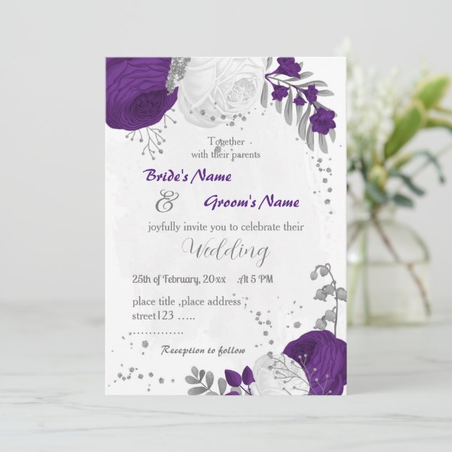 Invitation royal violet blanc fleurs argent mariage (Debout devant)