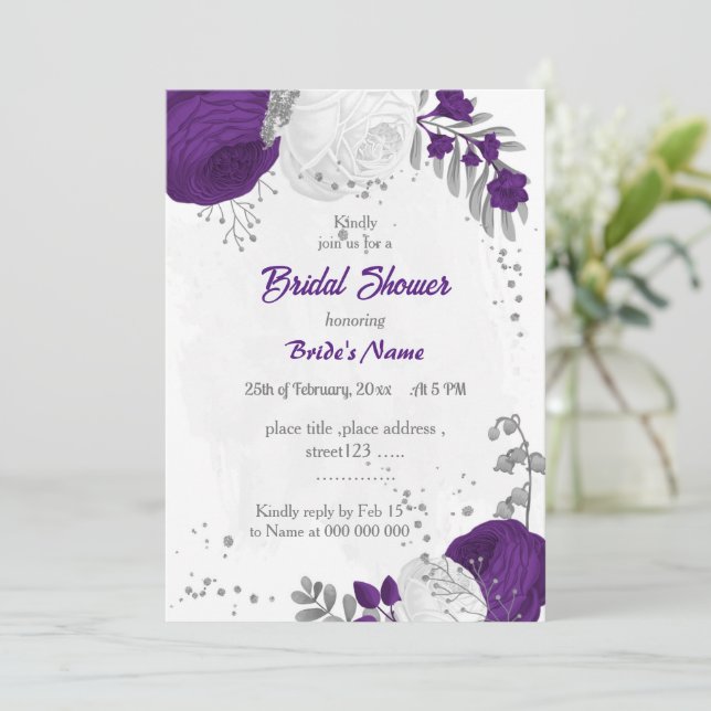Invitation royal violet blanc fleurs argent nuptiale (Debout devant)