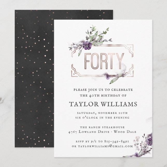 Invitation Royal Violet | Cadre de fête d'anniversaire floral (Devant / Derrière)
