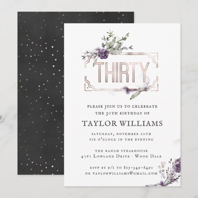 Invitation Royal Violet | Cadre de fête d'anniversaire floral (Devant / Derrière)