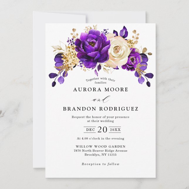 Invitation Royal violet violet or Floral Mariage botanique (Devant)