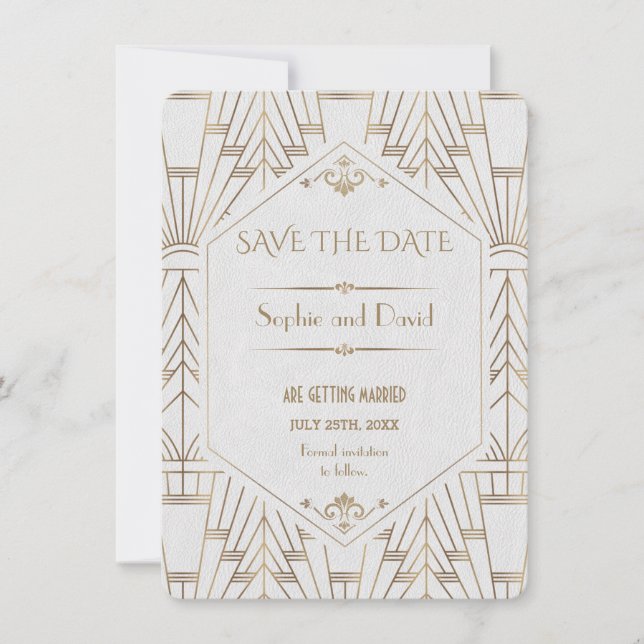 Invitation Royal White Gold Great Gatsby Enregistrer la date (Devant)