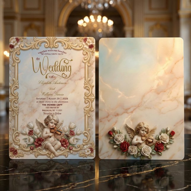 Invitation Royalcore Baroque Chérubin Violon Art Mariage (Créateur téléchargé)