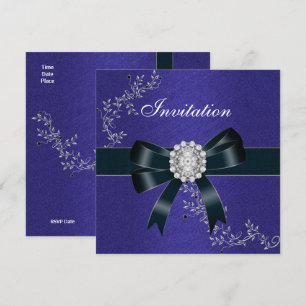 Invitation Royale Bleu Diamant Bijou Noir Nœud