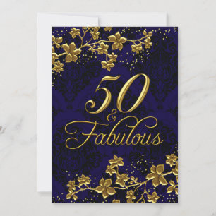 Invitation Royale Bleu et Or Floral 50 & Fabuleuse