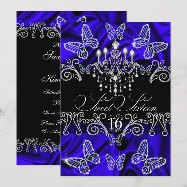 Invitation Royale Bleue Diamant Papillon Sweet Six (Devant / Derrière)