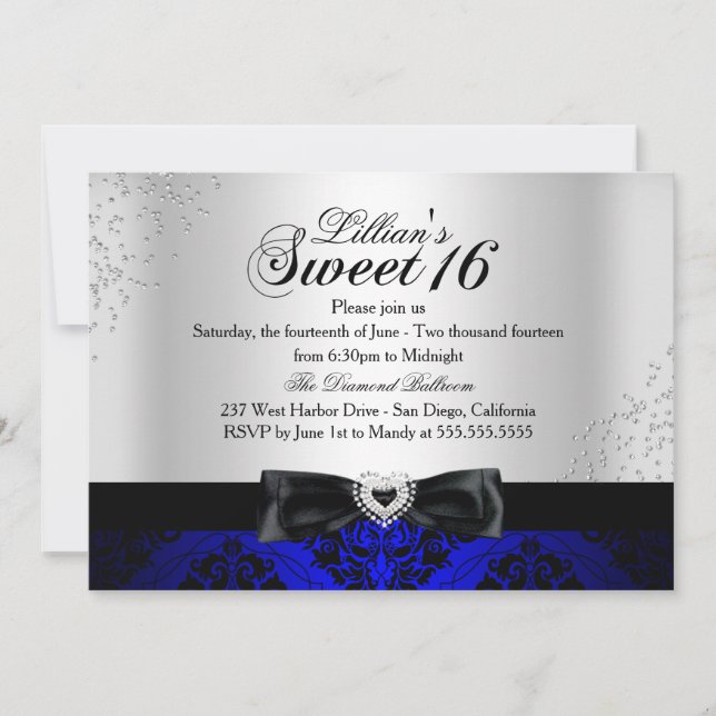 Invitation Royale Bleue et Noir Damassé avec Étinc (Devant)