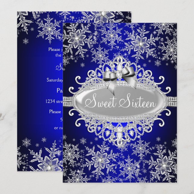 Invitation Royale Bleue Étincelante Flocon de Neig (Devant / Derrière)