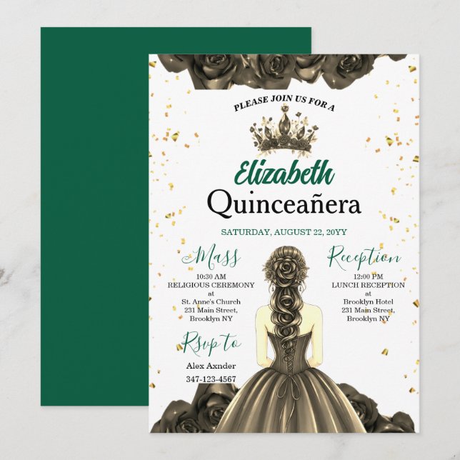 Invitation royale émeraude verte pour Quinceañera (Devant / Derrière)