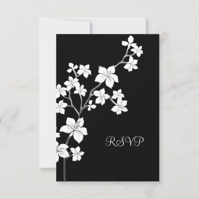 Invitation RSVP Anniversaire Asiatique Fleurs Noir Blanc (Devant)
