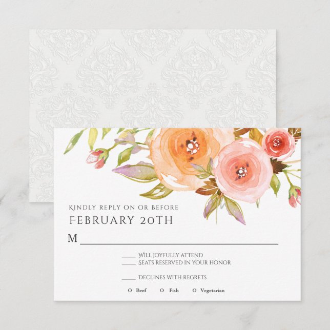 Invitation RSVP Aquarelle Moderne Fleurs de Pêche Damassé Mar (Devant / Derrière)