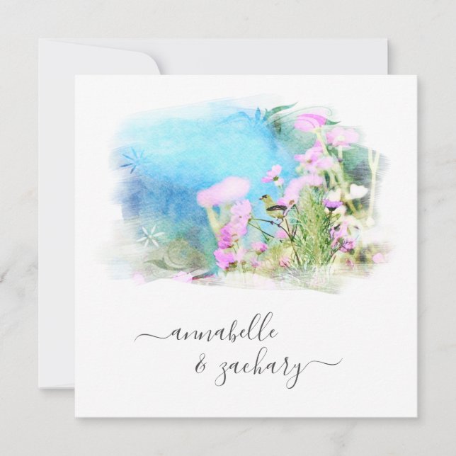 Invitation *~* RSVP - Aquarelle QR AR15 Mariage FLORAL Oiseau (Devant)