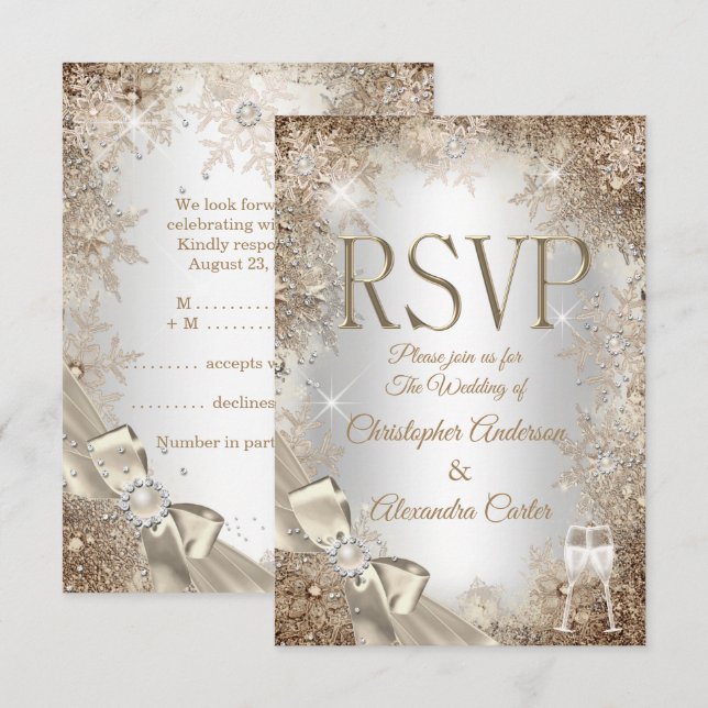 Invitation RSVP Argent Perle Crème Beige Nœud Flocon de Neige (Devant / Derrière)