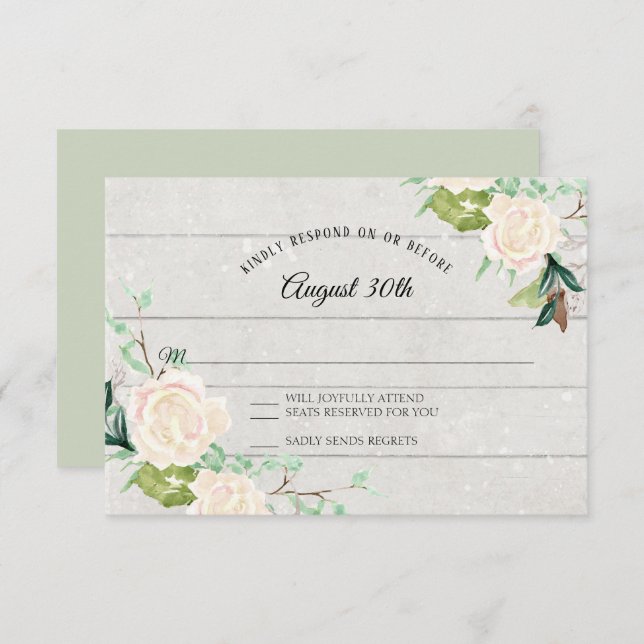 Invitation RSVP Art Floral Aquarelle Bois Rustique Rose Ivoir (Devant / Derrière)