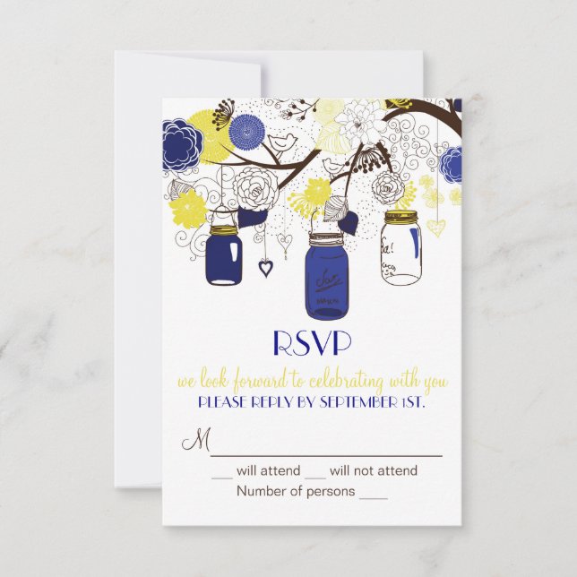 Invitation RSVP avec pots Mason Bleu Nuit et Jaune (Devant)