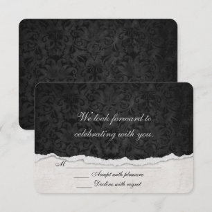 Invitation RSVP Black Damask avec bordure déchirée