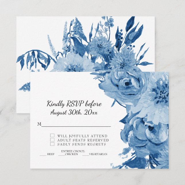 Invitation RSVP Bleu et Blanc Aquarelle Moderne Florale Maria (Devant / Derrière)