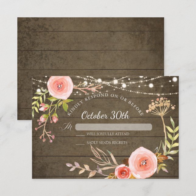 Invitation RSVP Bois Rustique Élégant Fleurs Peintes (Devant / Derrière)