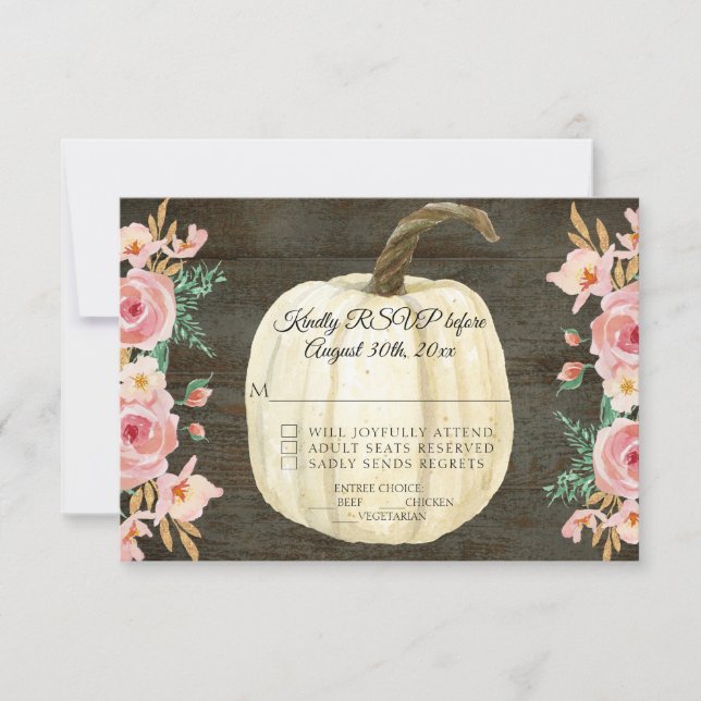 Invitation RSVP Campagnard Fleurs Rose Pâle Citrouille Blanch (Devant)