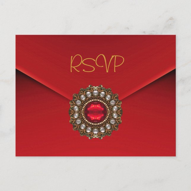 Invitation RSVP Carte Postale Rouge Bijou Or (Devant)