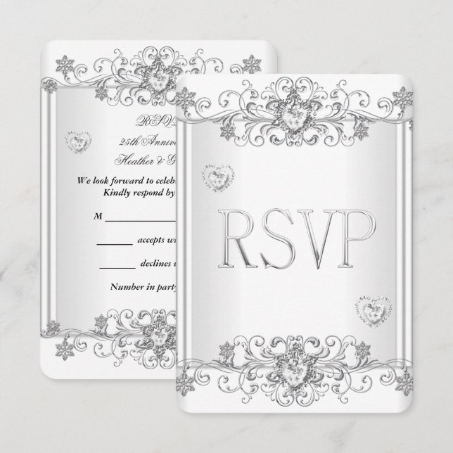 Invitation RSVP Coeurs diamant blanc argenté 2 (Devant / Derrière)