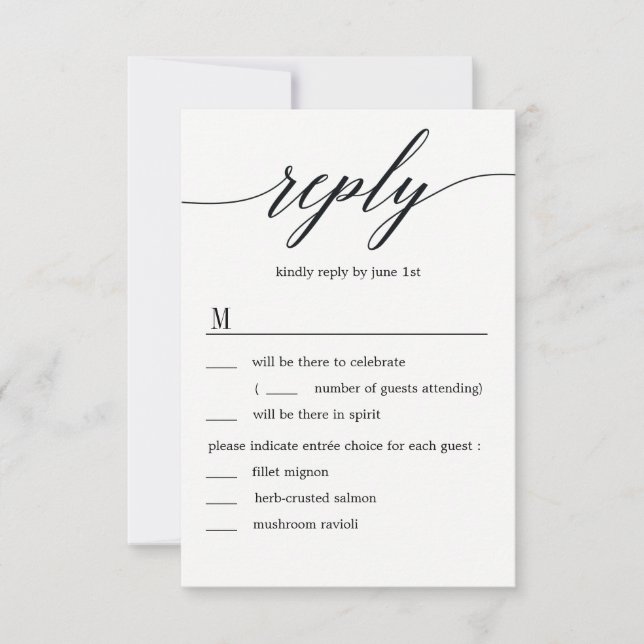 Invitation RSVP de mariage avec options de menu en écriture m (Devant)