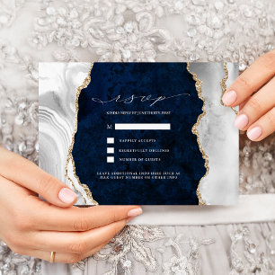 Invitation RSVP de mariage en marbre marine, blanc et