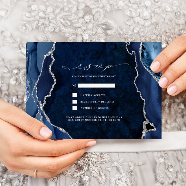 Invitation RSVP de mariage en marbre Navy et agate argentée (Créateur téléchargé)