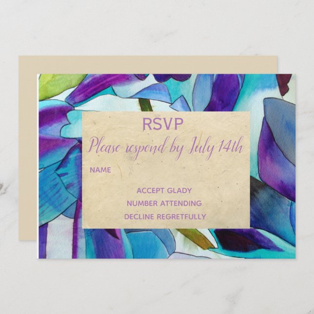 Invitation RSVP de mariage Orchidées violettes et bleues art  (Devant / Derrière)