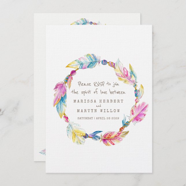Invitation RSVP de mariage plumes de boho couronne tribale na (Devant / Derrière)