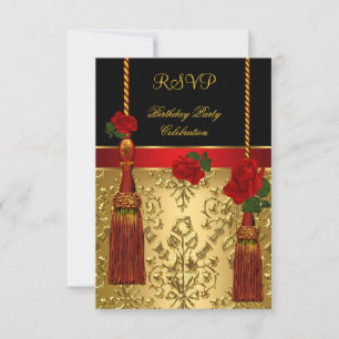 Invitation RSVP Elegant Damask Black Red Gold fête d'annivers