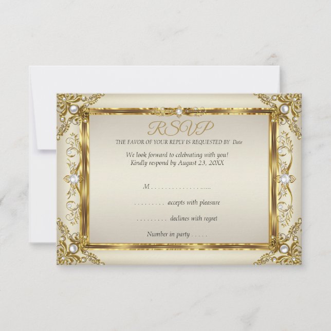 Invitation RSVP Elegant Gold Cream Pearl Damask Anniversaire (Devant)