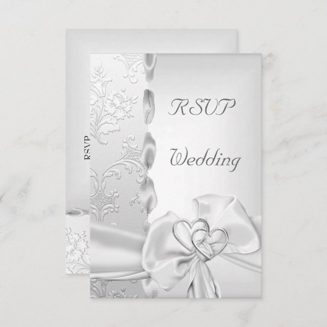 Invitation Rsvp Élégant Mariage Floral Ruban Argent Blanc Cœu (Devant / Derrière)
