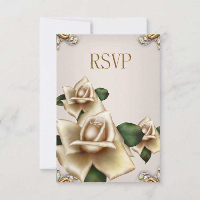 Invitation RSVP Élégant Mariage Or Crème Beige Roses (Devant)