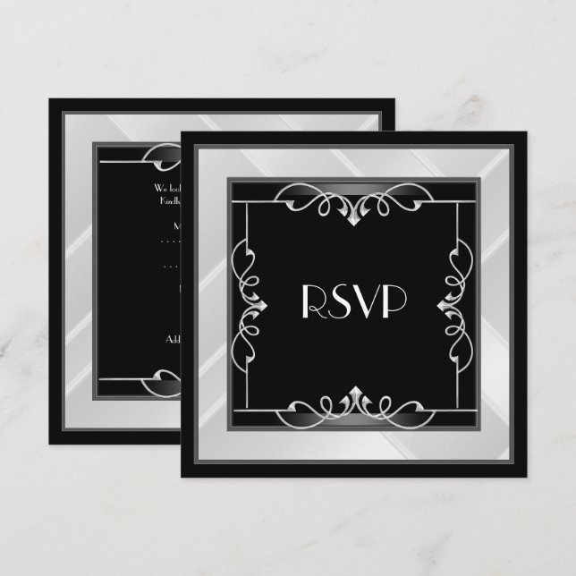 Invitation RSVP Elegant Noir Argent Blanc Art Déco (Devant / Derrière)